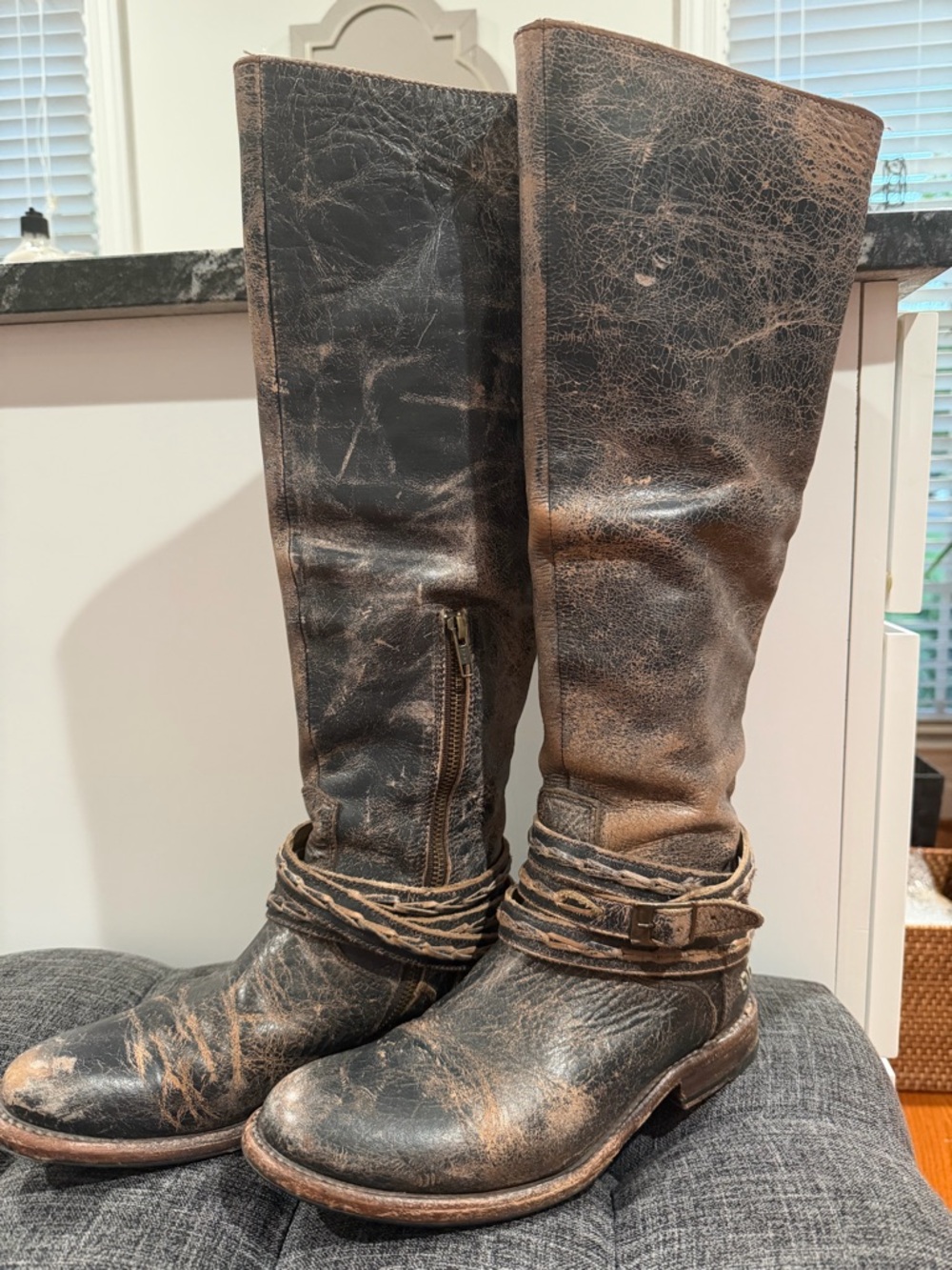 Bed Stu Distressed Black Brown Leather Knee-High Heeled Boots
